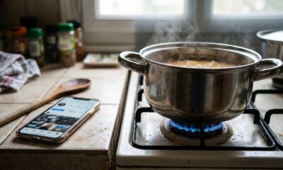 Panela de metal fervendo no fogão, vapor saindo. Celular com rede social e colher de madeira
