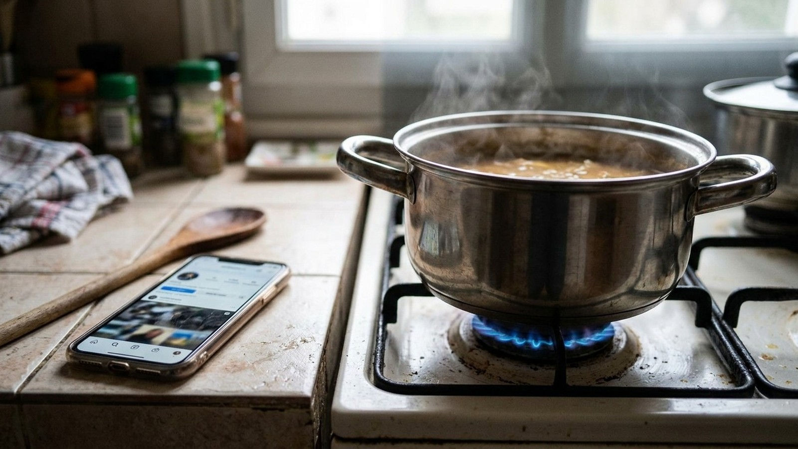 Panela de metal fervendo no fogão, vapor saindo. Celular com rede social e colher de madeira