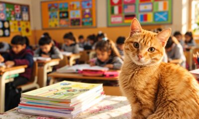 Gato laranja sentado sobre uma mesa com livros escolares, enquanto crianças estudam em uma sala de aula com cartazes coloridos ao fundo. - Imagem ilustrativa criada por inteligência artificial