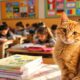 Gato laranja sentado sobre uma mesa com livros escolares, enquanto crianças estudam em uma sala de aula com cartazes coloridos ao fundo. - Imagem ilustrativa criada por inteligência artificial