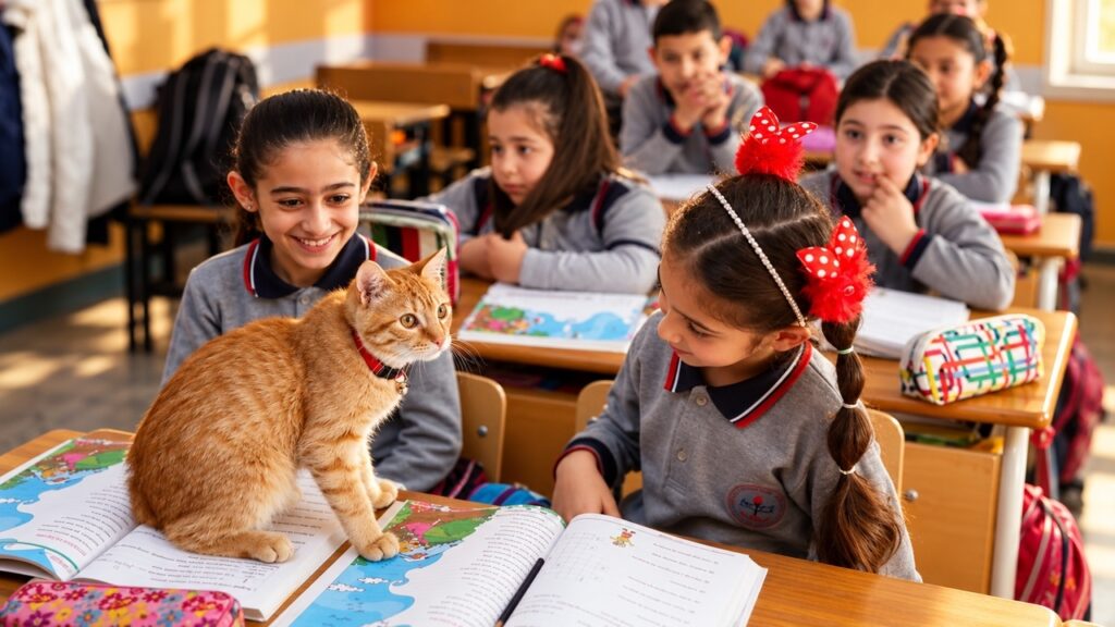 Gato laranja sentado sobre livros escolares abertos, enquanto duas meninas sorriem e observam o animal em uma sala de aula com outros alunos ao fundo. - Imagem ilustrativa criada por inteligência artificial