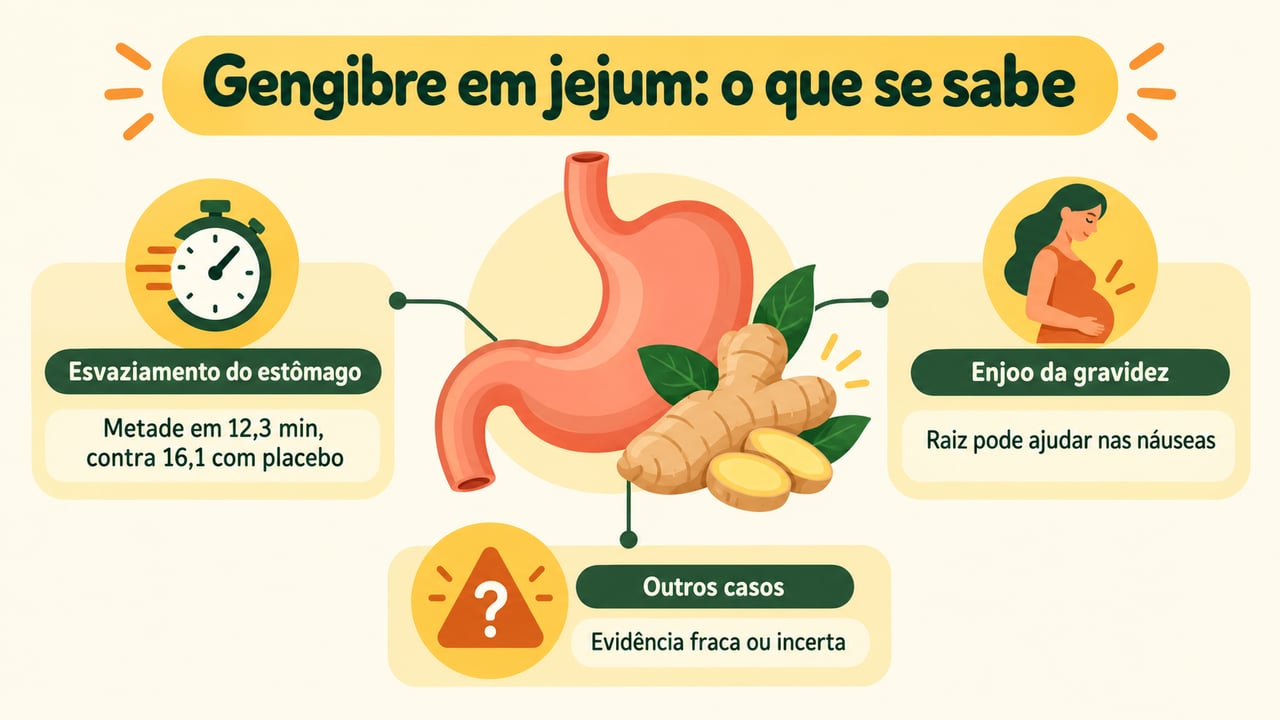 Em estudo com 11 pacientes, 1,2 g de gengibre acelerou o esvaziamento do estômago, sem aliviar os sintomas
