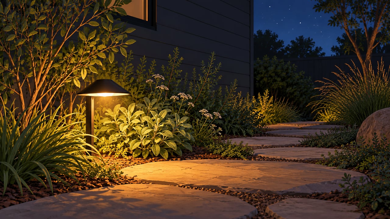 Luminárias rentes ao chão, voltadas para baixo e com LED de 2700 K iluminam sem ofuscar