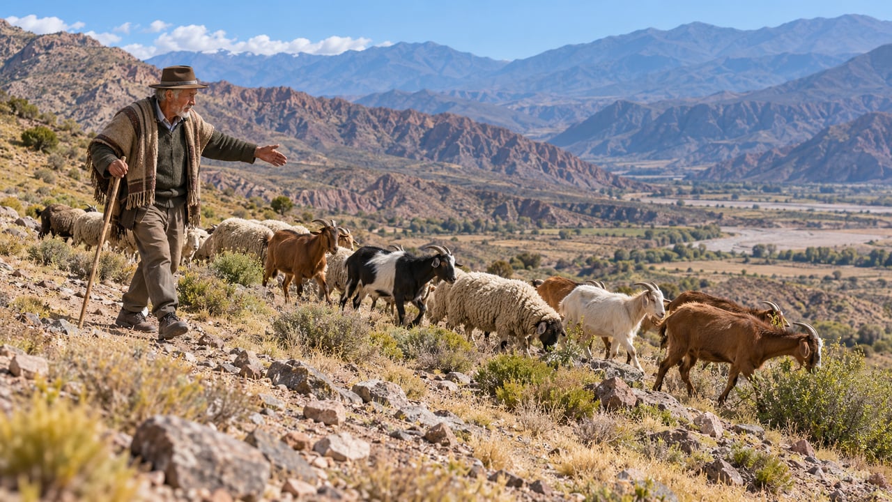 Juan caminha de 20 a 30 minutos toda manhã para ajudar Antolina a levar cabras e ovelhas ao pasto