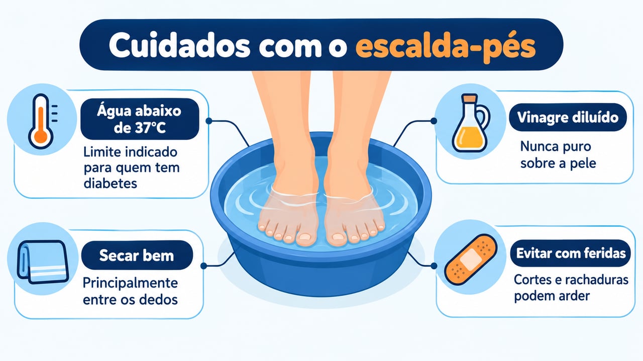 Água abaixo de 37°C e vinagre diluído são cuidados básicos para fazer o escalda-pés com segurança