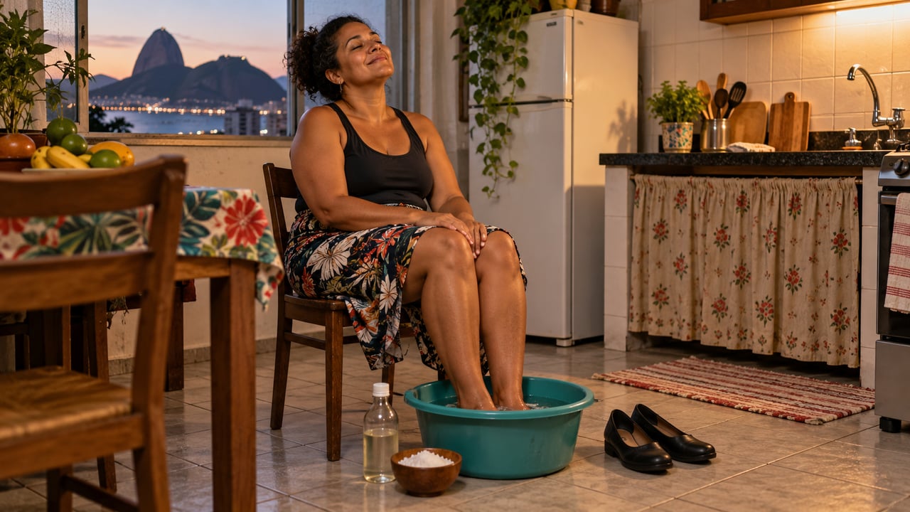 O escalda-pés com vinagre e sal alivia o cansaço e reforça a limpeza, mas não é remédio