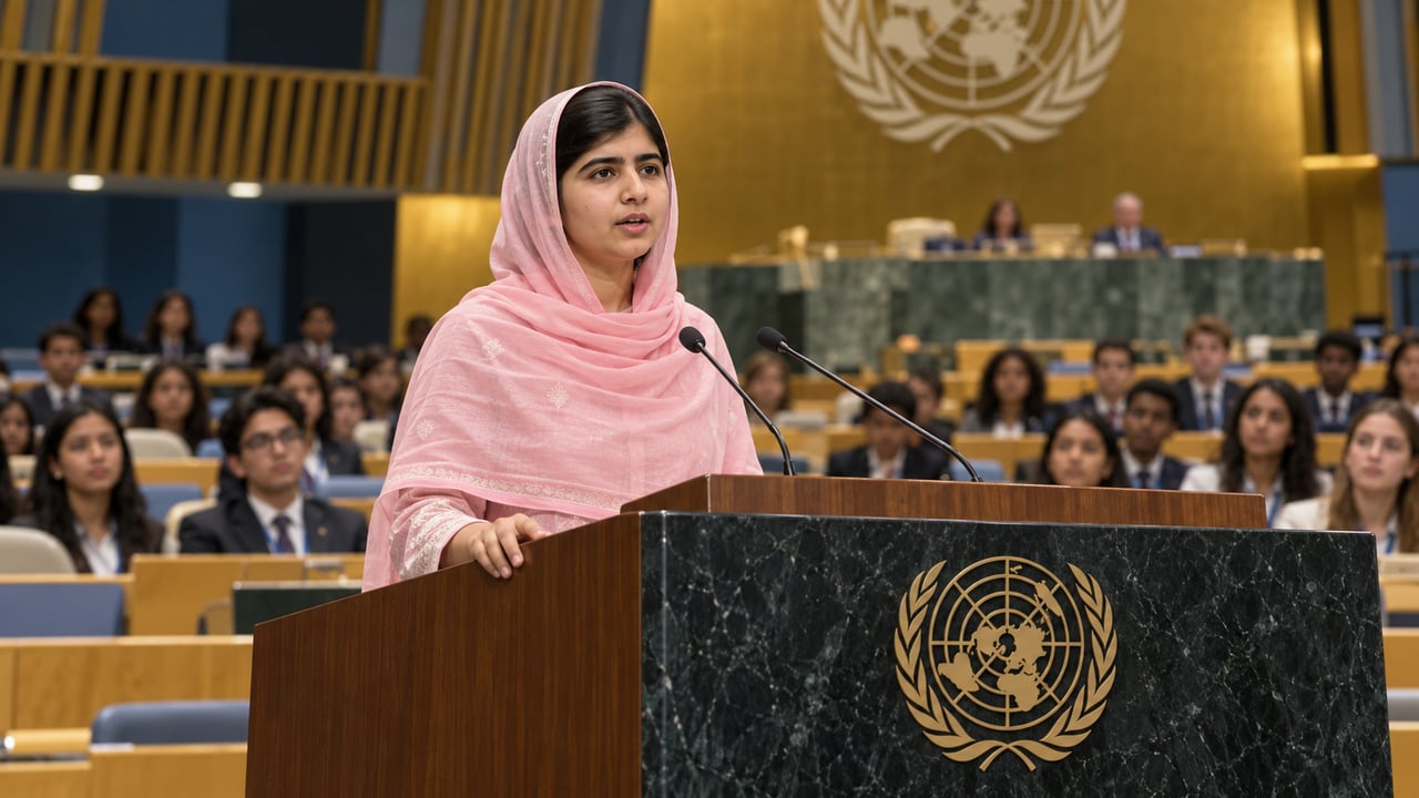 Malala falou na ONU em 12 de julho de 2013, aos 16 anos, e pediu educação em primeiro lugar