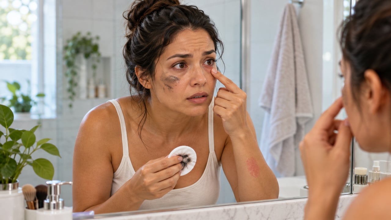 Vermelhidão, coceira e inchaço na área pintada indicam dermatite de contato, e o teste no braço 24 a 48 horas antes ajuda a evitar