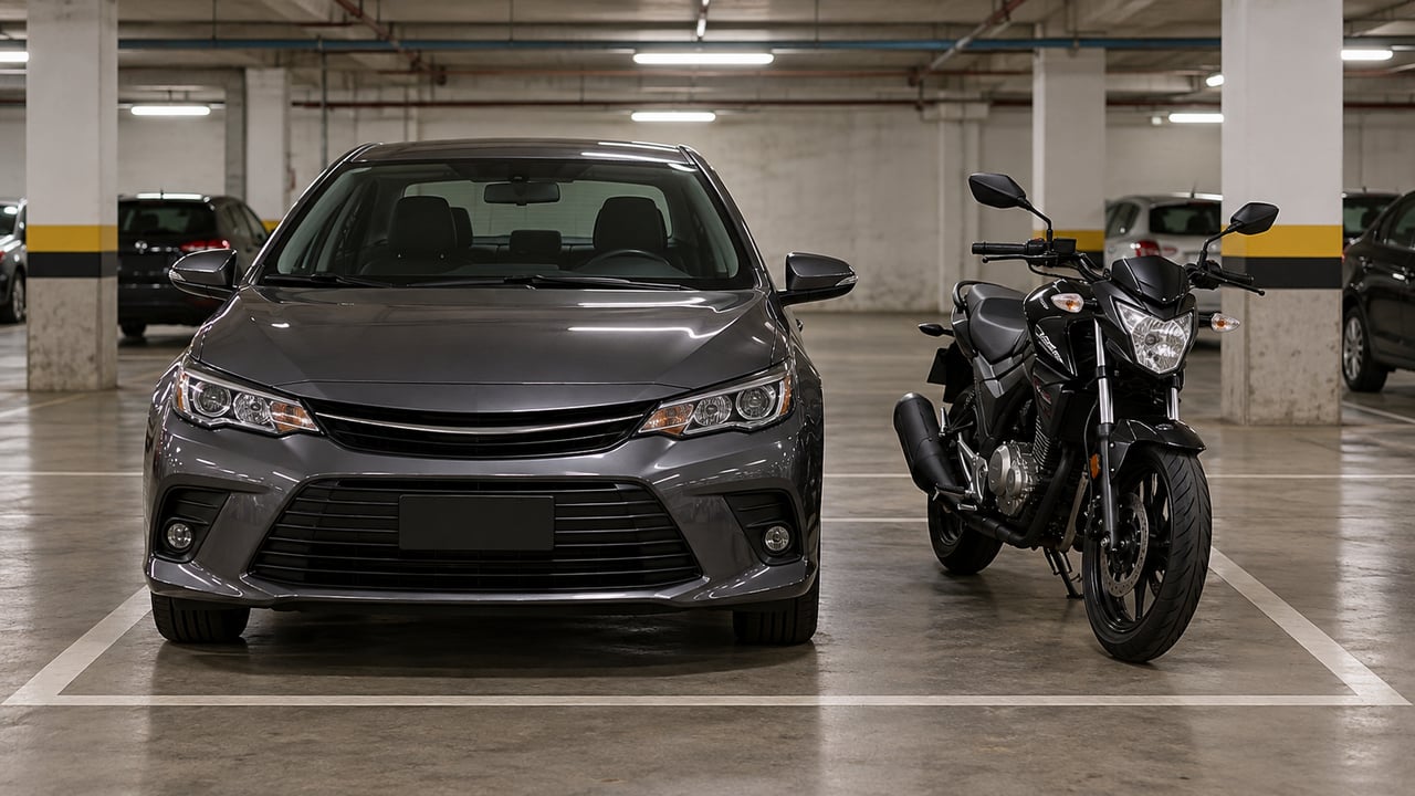 Carro e moto podem dividir a mesma vaga se a convenção permitir e os dois couberem inteiros na demarcação