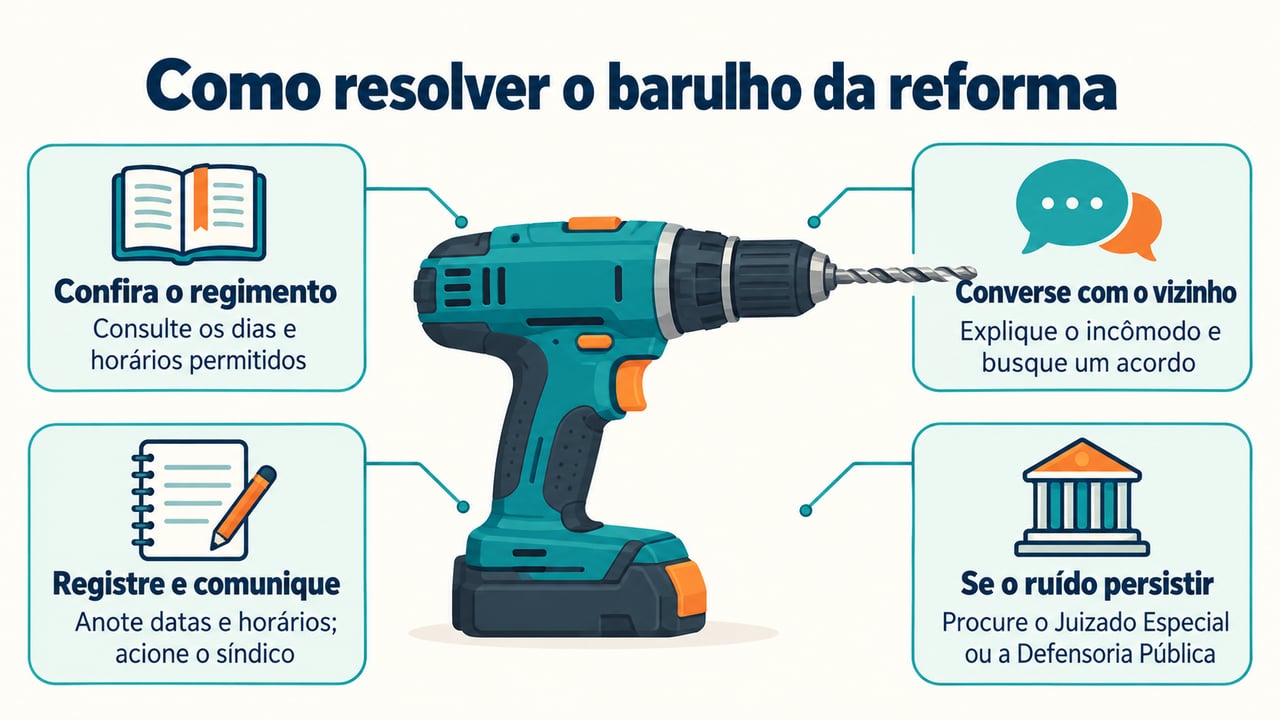 Se a conversa não resolver, registre datas e horários, acione o síndico e busque ajuda jurídica se o ruído persistir