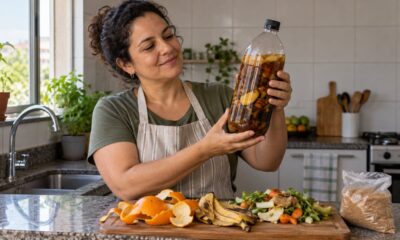 A eco-enzima transforma cascas de frutas, açúcar mascavo e água em um limpador leve após três meses de fermentação