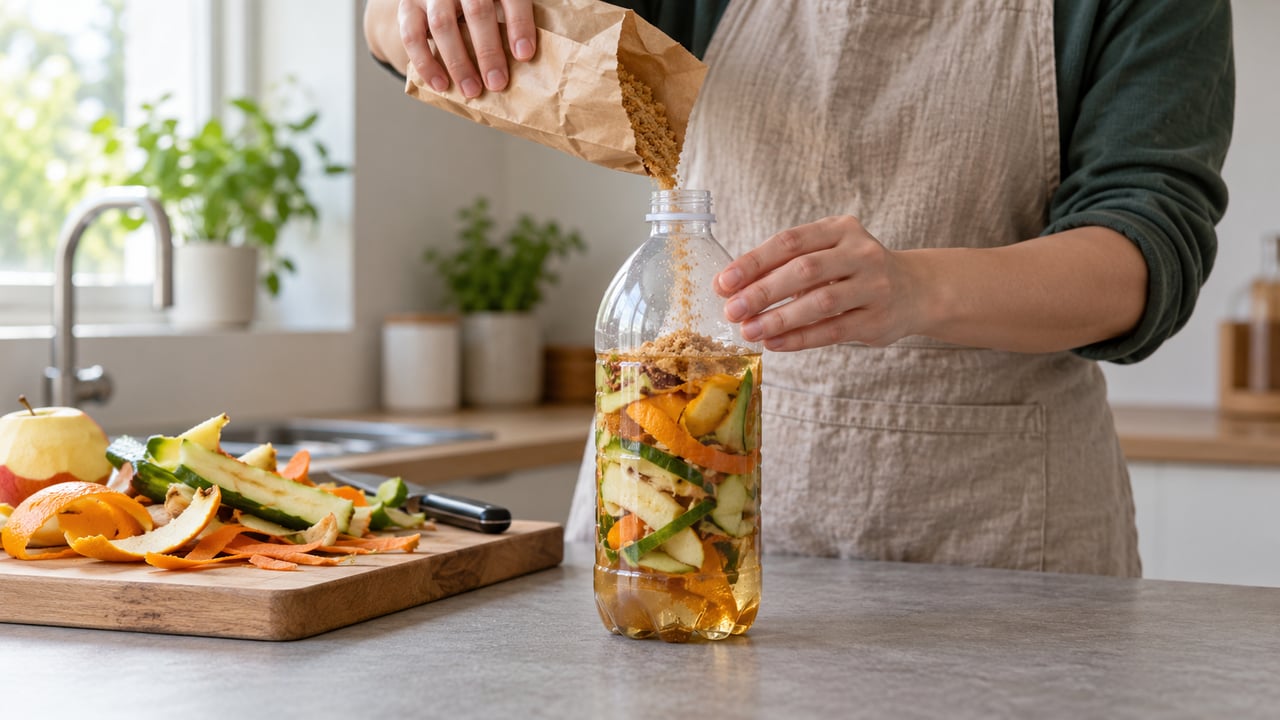 A receita usa só restos vegetais crus e picados, na proporção 1:3:10, e a garrafa não pode ir cheia por causa do gás
