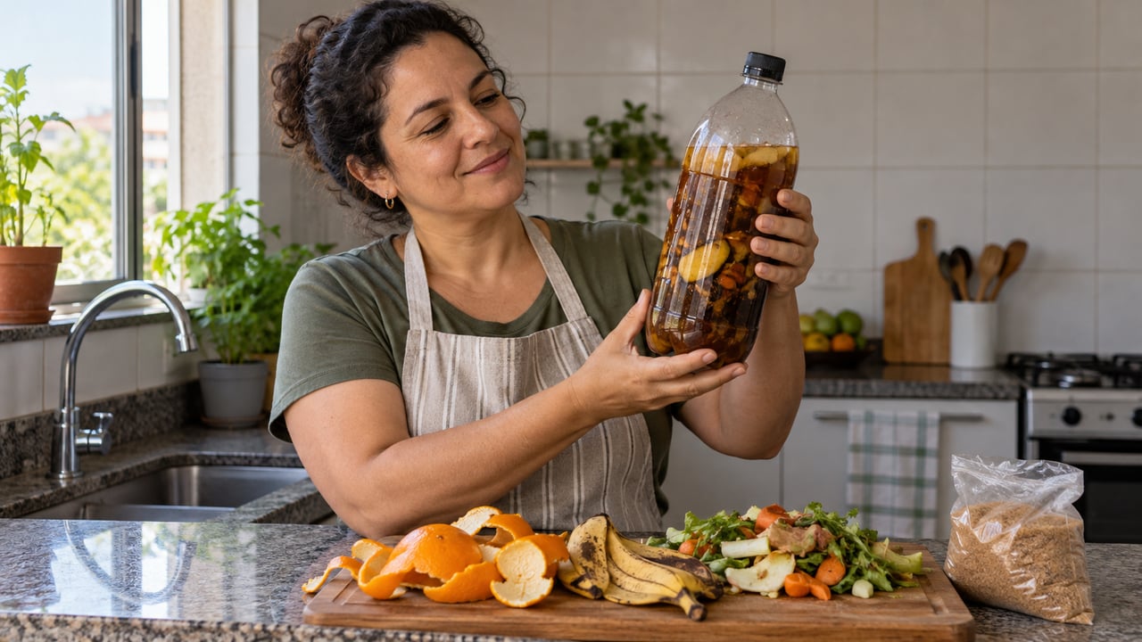 A eco-enzima transforma cascas de frutas, açúcar mascavo e água em um limpador leve após três meses de fermentação