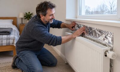 A folha de papel-alumínio atrás do radiador reflete o calor de volta para dentro do quarto