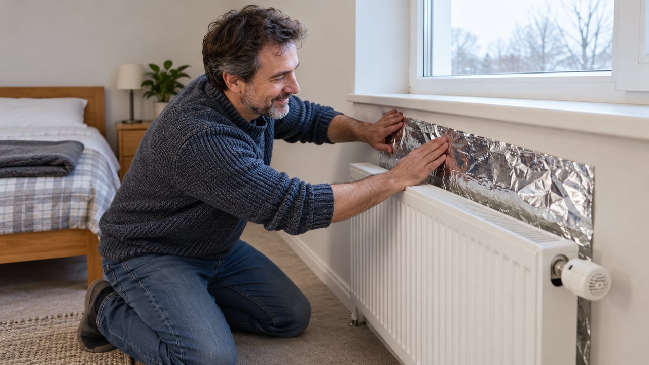 A folha de papel-alumínio atrás do radiador reflete o calor de volta para dentro do quarto