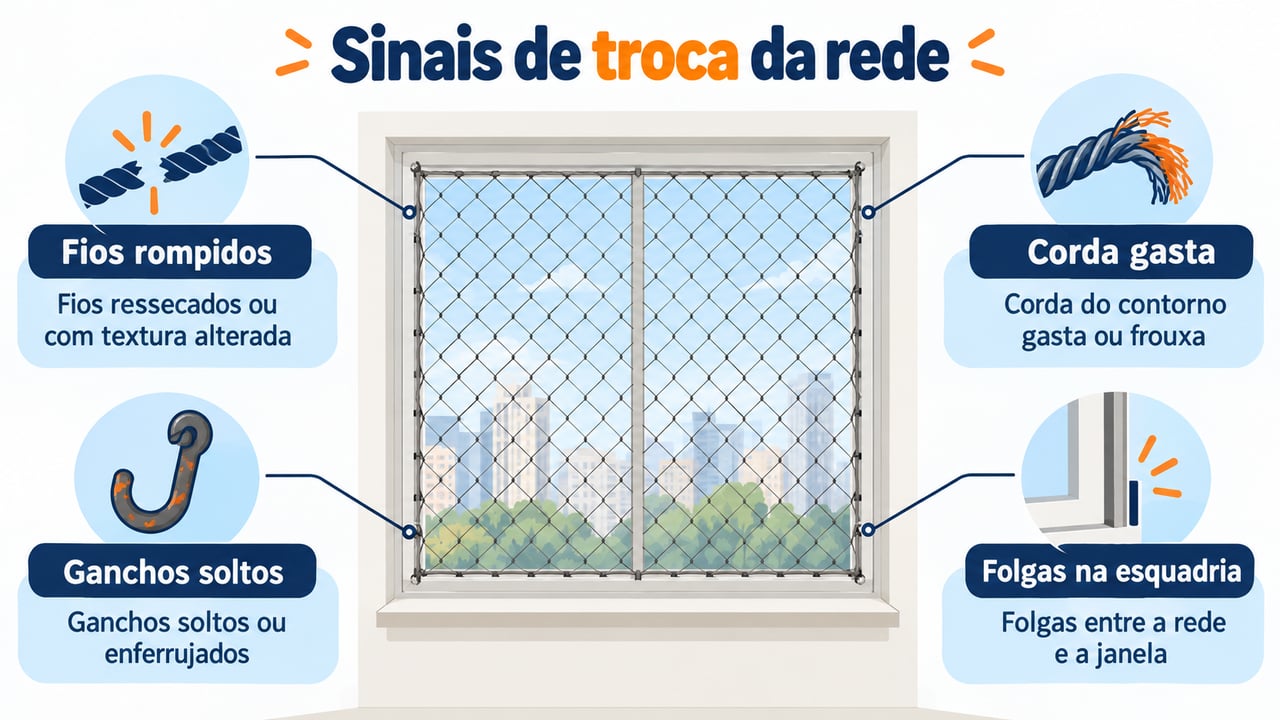 Fios ressecados, corda gasta, ganchos soltos e folgas na esquadria indicam que a rede precisa ser trocada