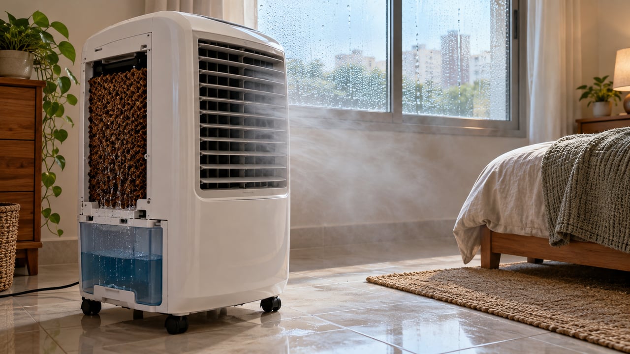 O climatizador resfria evaporando água, e o ar mais úmido reduz o efeito de refrescar