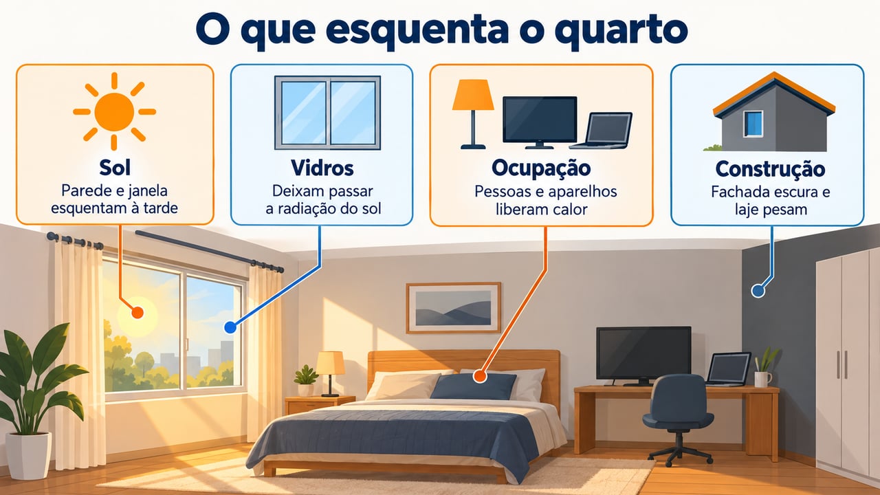 Sol, vidros, ocupação e construção formam a carga térmica que a metragem sozinha não mostra
