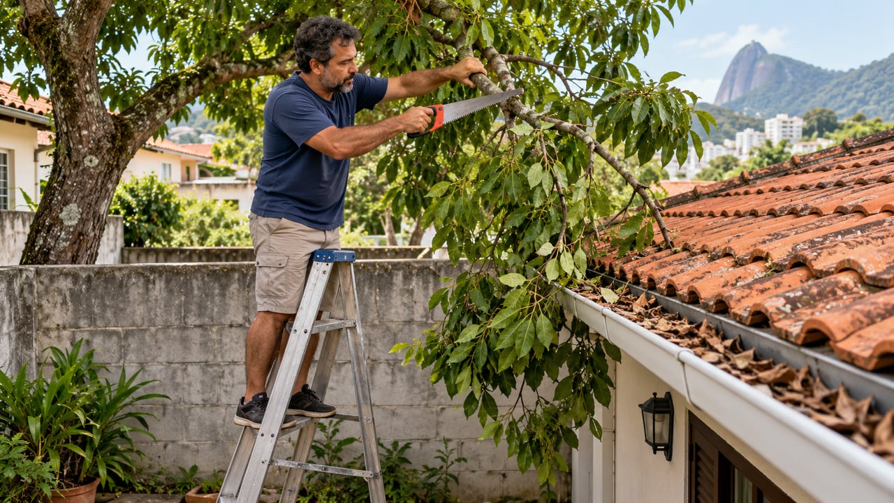 O Código Civil permite cortar os galhos que passam da divisa e invadem o telhado, sem pedir autorização ao vizinho