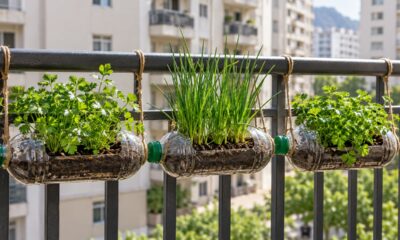 Garrafas PET com abertura lateral, terra e mudas viram uma horta vertical de temperos presa à grade da varanda