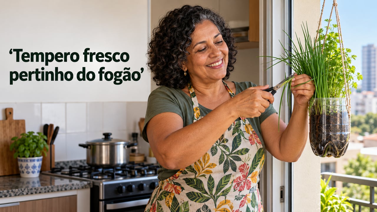 Começar com duas ou três garrafas e uma erva fácil, como a cebolinha, ajuda a entender a luz e a rega da varanda