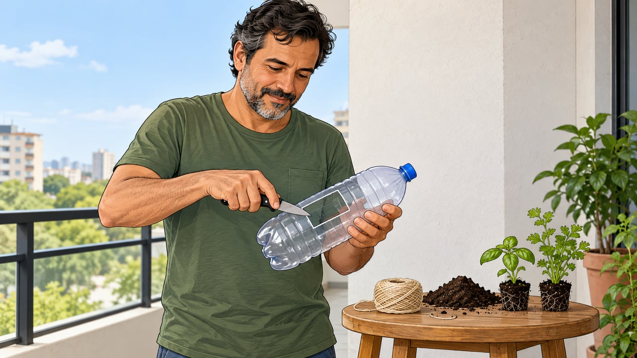Um corte em forma de janela na lateral transforma a garrafa PET em vaso comprido, que pode ser preso à grade com arame ou barbante