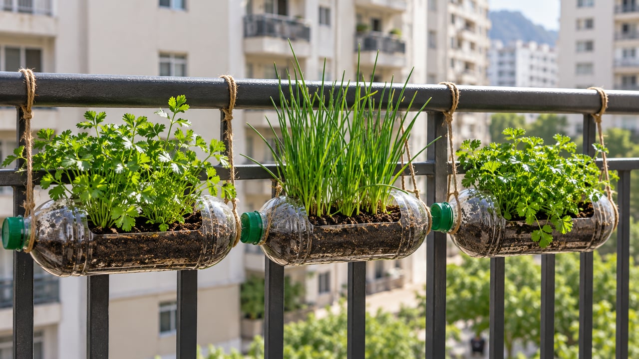 Garrafas PET com abertura lateral, terra e mudas viram uma horta vertical de temperos presa à grade da varanda