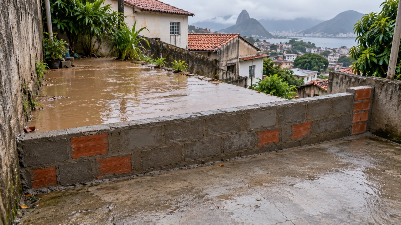 O terreno de baixo deve receber a água que escorre naturalmente, e um muro que bloqueie esse fluxo pode gerar responsabilidade por danos