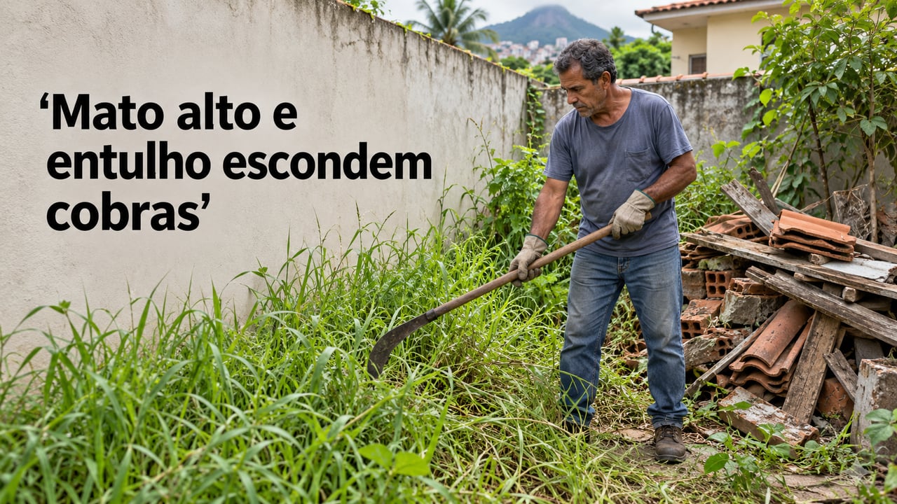 Mato alto e entulho acumulado criam esconderijos para cobras e para os pequenos animais que elas caçam
