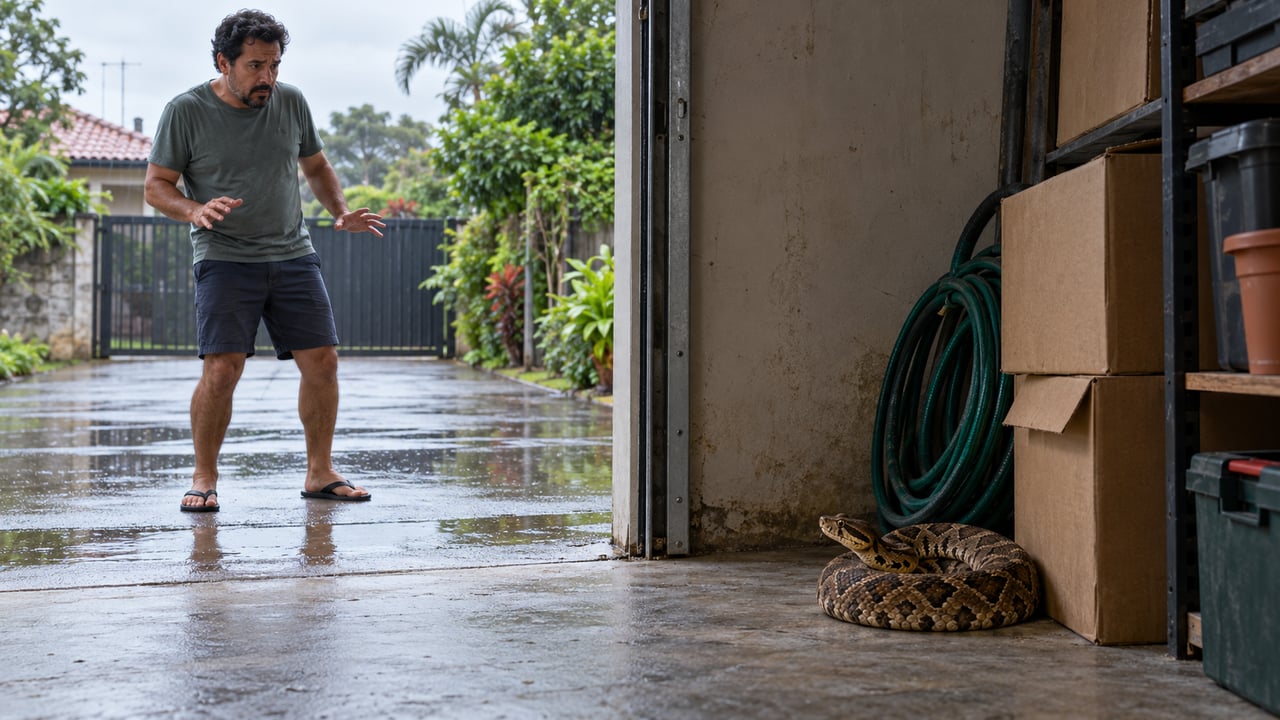 Garagens fechadas e cheias de tralha oferecem à jararaca o abrigo quente, escuro e úmido que ela procura depois da chuva
