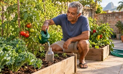 Garrafas PET furadas e enterradas ao lado das plantas liberam água aos poucos e mantêm a terra úmida por vários dias