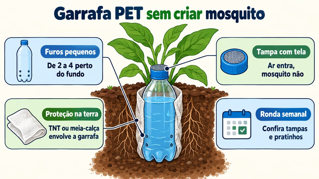 Tampa com furo fino coberto por tela deixa o ar entrar, mantém a água saindo e barra o mosquito