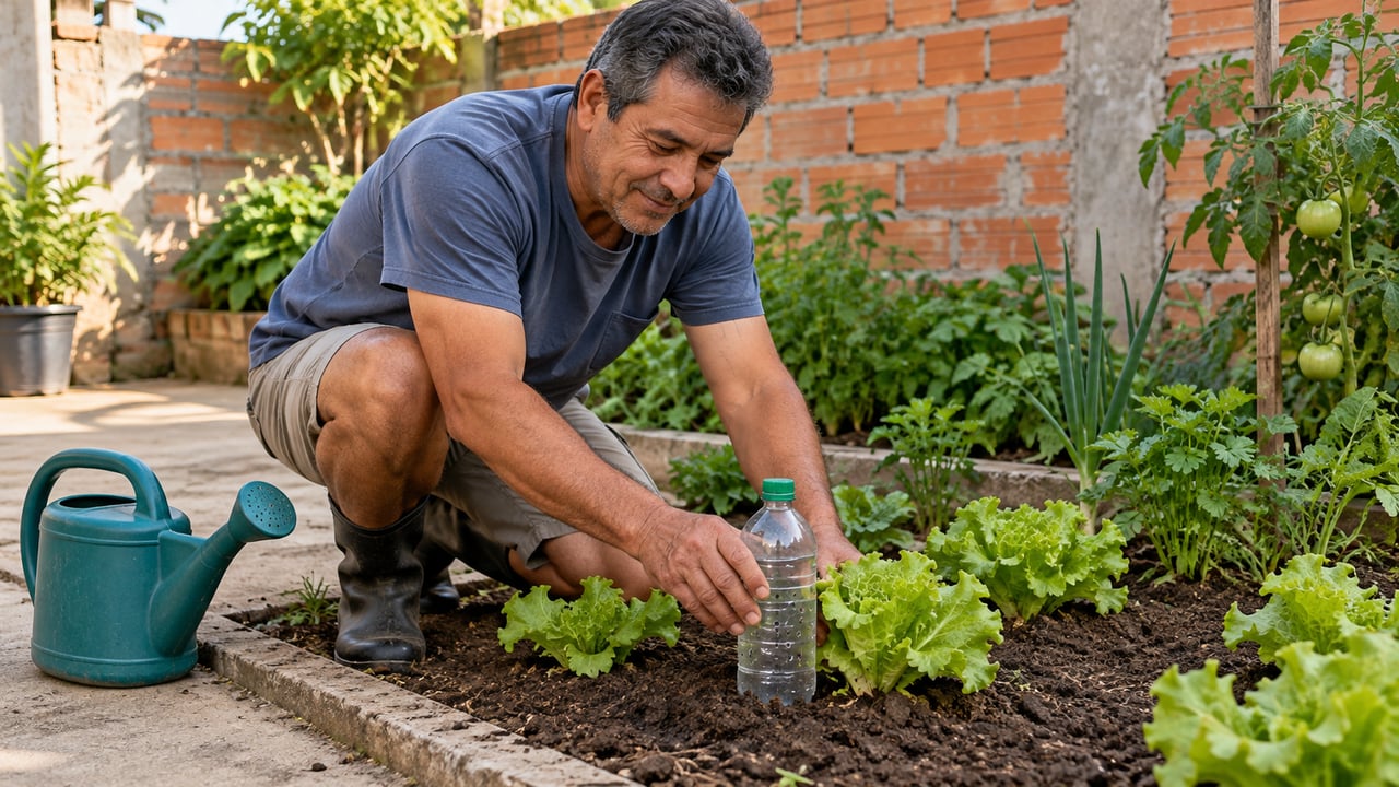 Garrafa PET furada e enterrada ao lado da planta libera água aos poucos direto na raiz e mantém a terra úmida por mais tempo