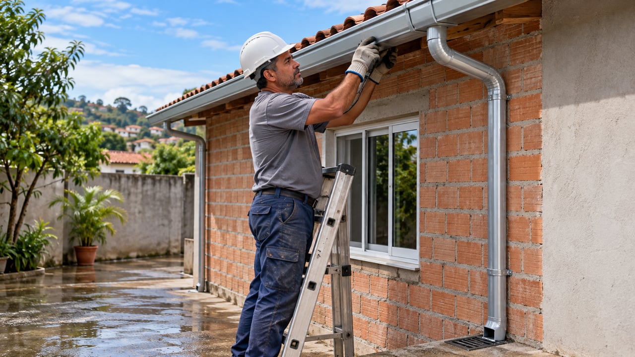 Calha com condutor voltado para o próprio terreno é a solução mais comum para segurar a água da chuva no lote