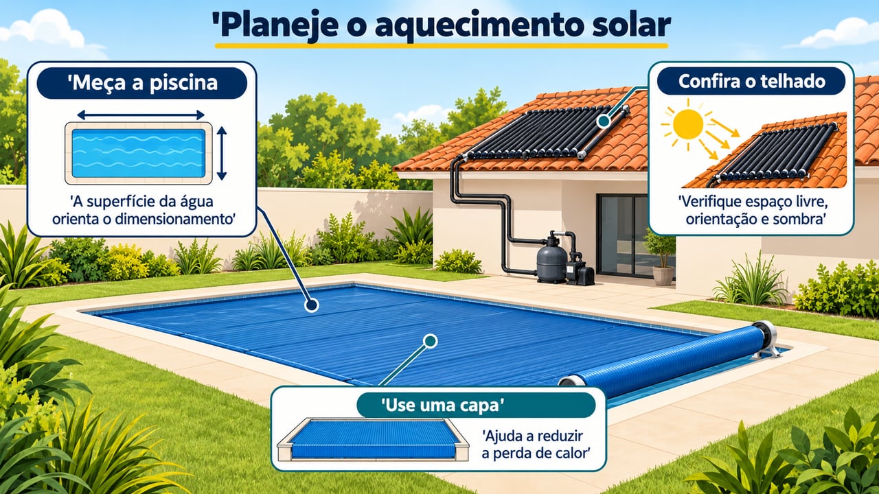 Medir a piscina, avaliar o telhado e usar capa ajuda a planejar o aquecimento solar