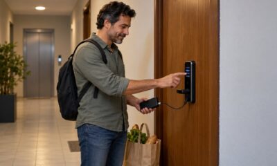 Com a bateria descarregada, um carregador portátil ligado à entrada de emergência pode dar energia para destrancar a porta
