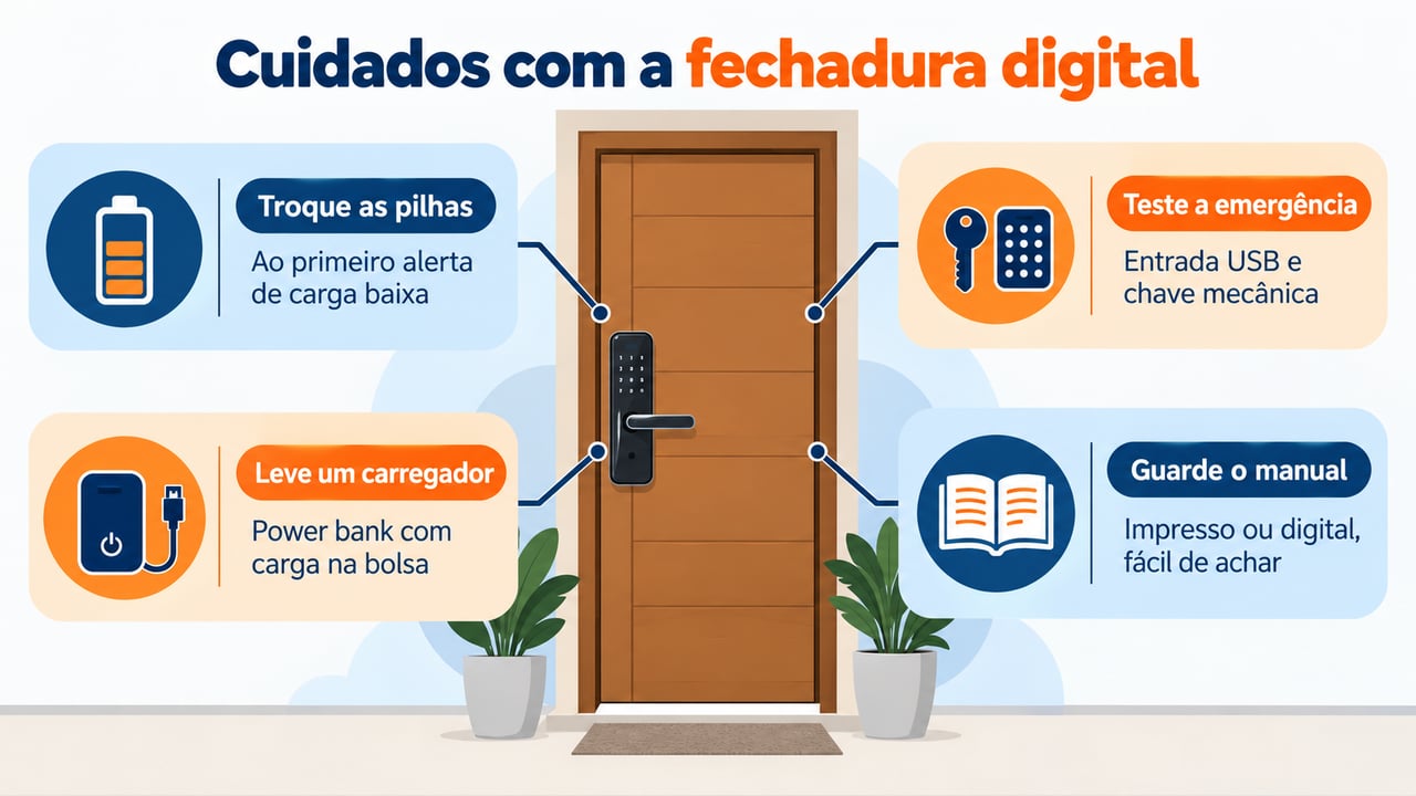 Trocar as pilhas ao primeiro alerta e testar a entrada de emergência evitam ficar preso do lado de fora