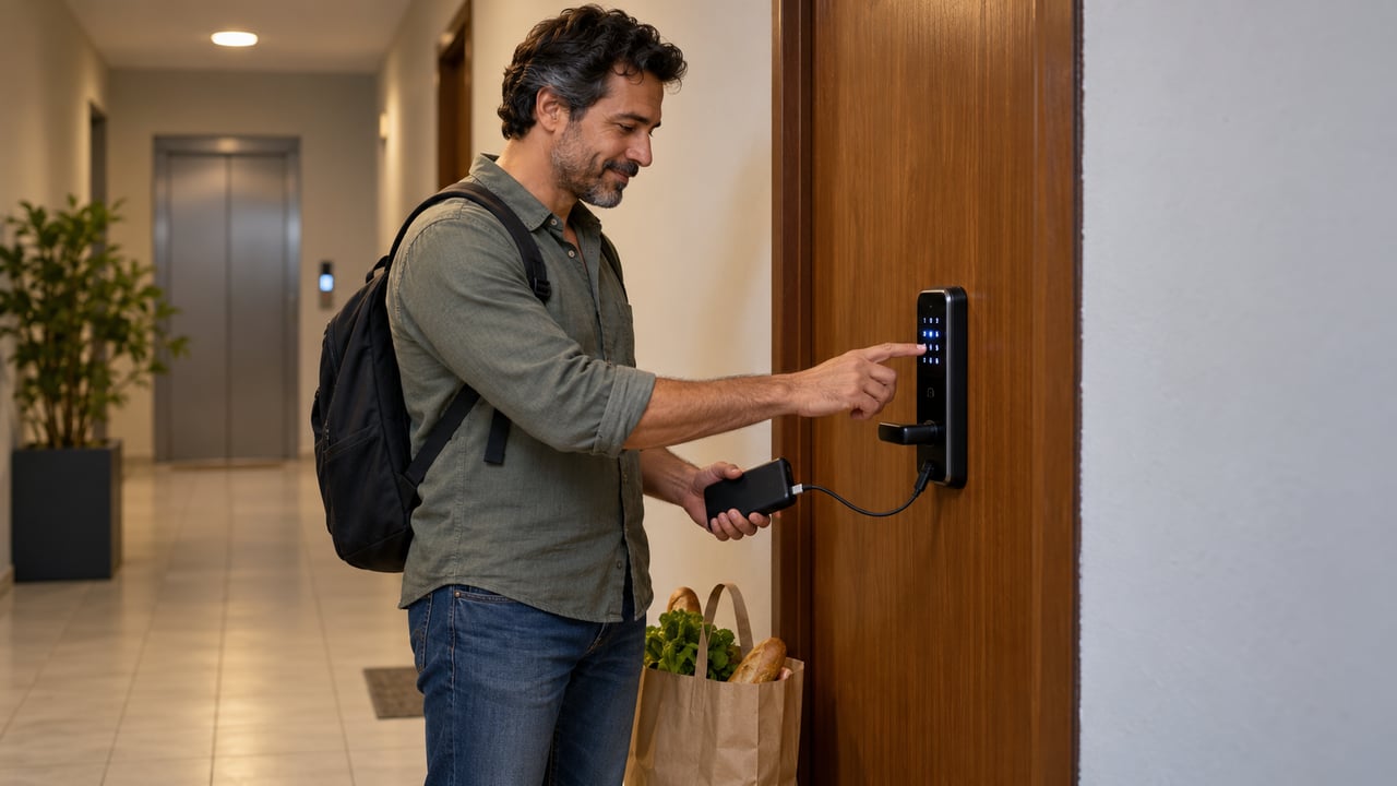 Com a bateria descarregada, um carregador portátil ligado à entrada de emergência pode dar energia para destrancar a porta