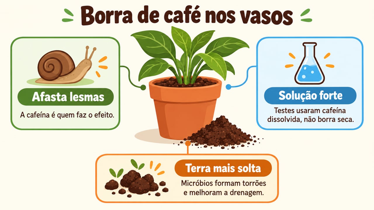 A cafeína afasta lesmas, mas os testes usaram solução dissolvida e café coado forte, não borra seca