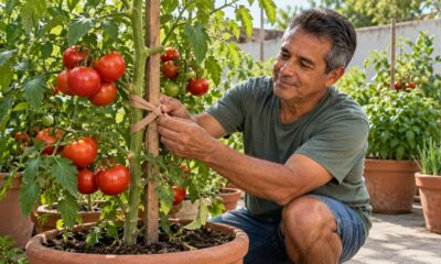 Tiras elásticas de meia-calça cedem quando o caule do tomateiro engrossa, ao contrário do barbante fino