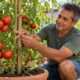 Tiras elásticas de meia-calça cedem quando o caule do tomateiro engrossa, ao contrário do barbante fino