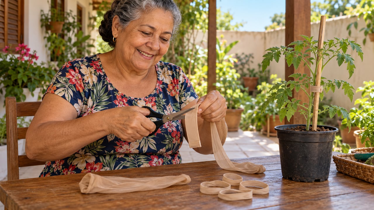 Cortar a perna da meia-calça em anéis cria tiras elásticas, e a recomendação é passar uma volta só e conferir os nós