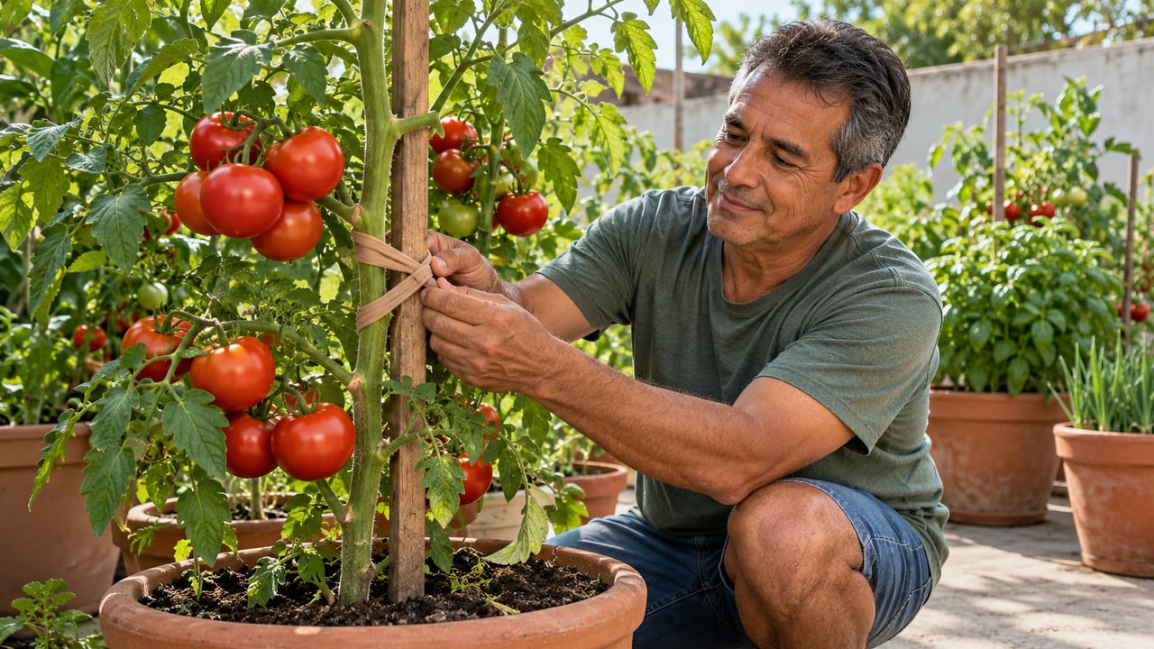 Tiras elásticas de meia-calça cedem quando o caule do tomateiro engrossa, ao contrário do barbante fino