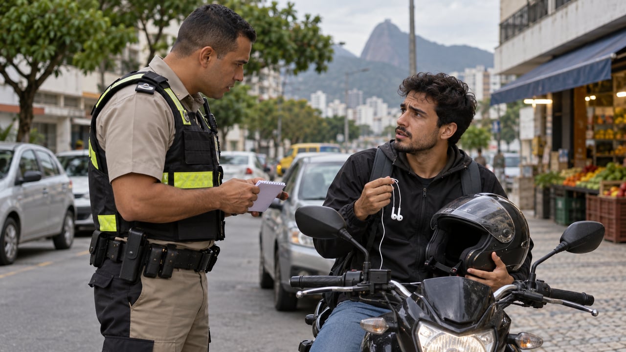 A multa por pilotar com fone é média: R$ 130,16 e 4 pontos na carteira, sem exceção de volume ou finalidade