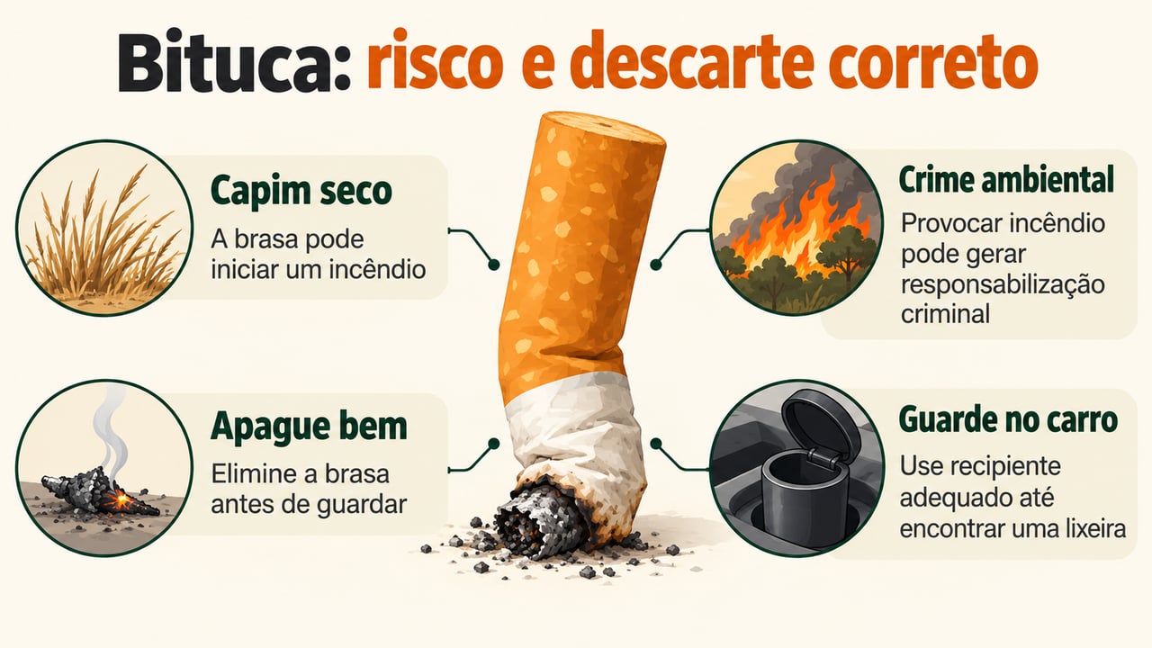 Apagar bem a bituca e guardá-la em recipiente adequado evita o descarte que pode iniciar incêndios