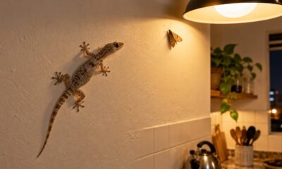 A lagartixa-de-parede caça insetos, aranhas e outros bichinhos dentro de casa durante a noite