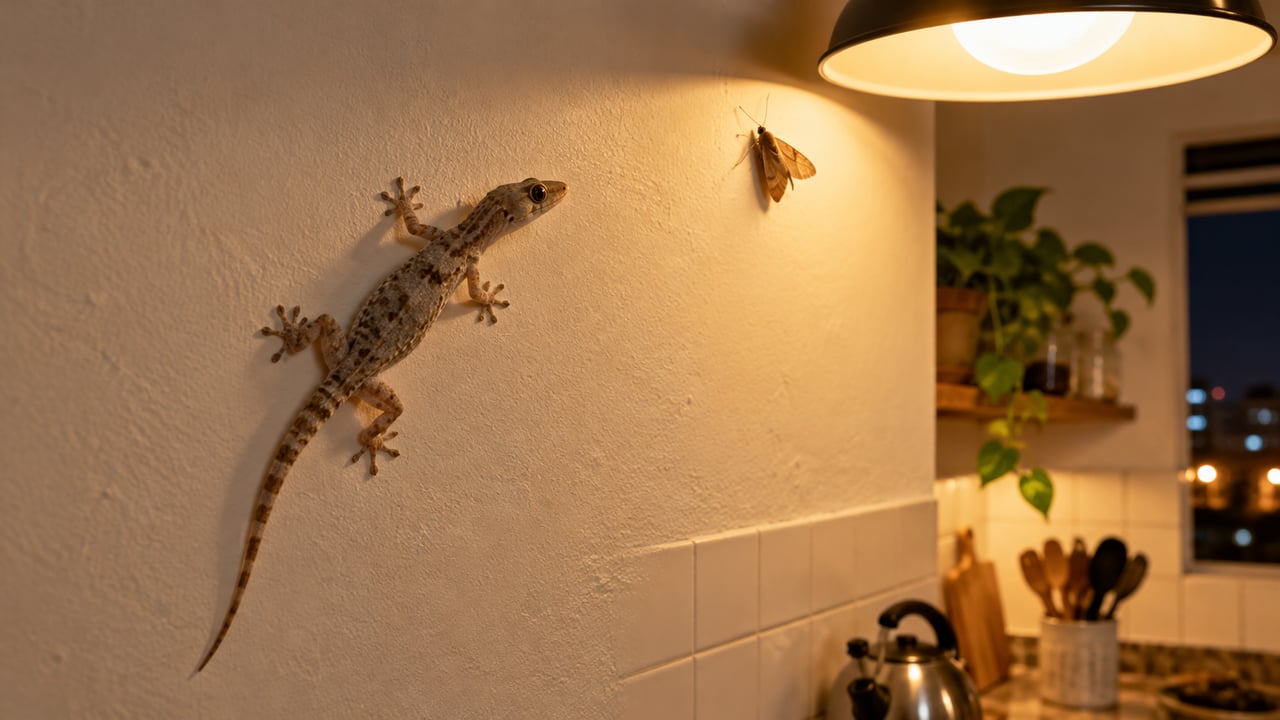 A lagartixa-de-parede caça insetos, aranhas e outros bichinhos dentro de casa durante a noite