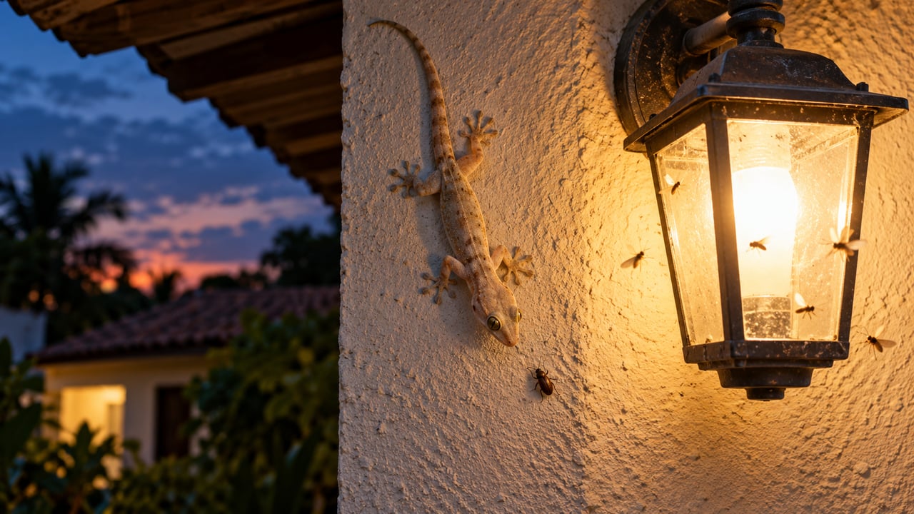 A atividade da lagartixa se concentra logo após o anoitecer, quando os insetos voam em volta das lâmpadas