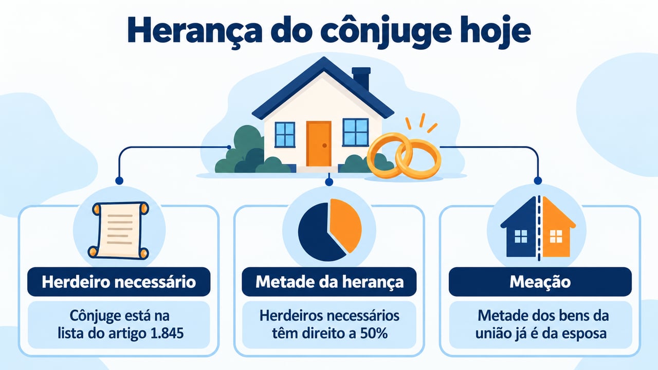 Hoje o cônjuge é herdeiro necessário e a meação já pertence à esposa, mesmo sem herança