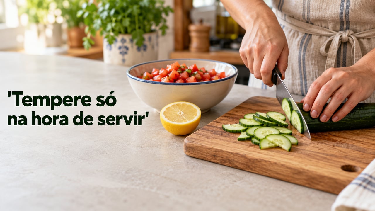 O sal puxa a água dos legumes, por isso o tempero entra só na hora de servir